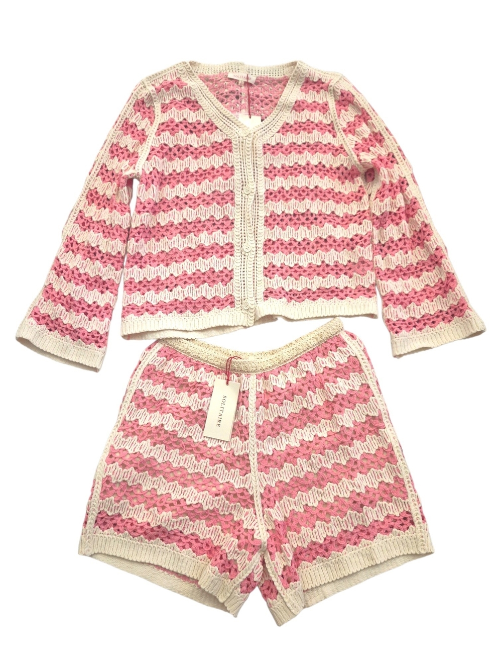 Solitaire Pink Cream Crochet Knit Cardi & Shorts Set Boho Beach Sz L - Picture 3 of 8
